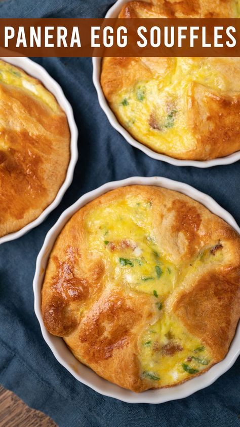 Copycat Panera Egg Souffle, Souffle Egg Recipes, Bacon Souffle Recipes, Panera Souffle Recipe Copycat Bacon Egg, Panera Breakfast Souffle, Interesting Egg Recipes, Egg Bake In Ramekin, Bacon Egg And Cheese Souffle, Panera Bacon Spinach Souffle