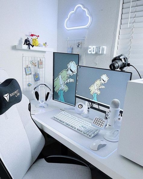 white gaming setup with jujutsu kaisen background White Gaming Setup, White Desk Setup, Cuarto Aesthetic, Desk Setup Ideas, Gamer Desk, Small Game Rooms, Dream Desk, Home Studio Setup, Streaming Setup