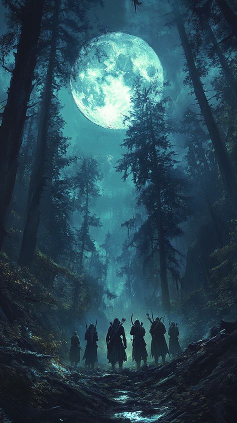 Moonlit Forest Walk: A group of #silhouettes stands beneath a strikingly large, luminous #moon in a dense, shadowy #forest. #moonlight #mist #night #aiart #aiphoto #stockcake ⬇️ #Download and 📝 #Prompt 👉 https://stockcake.com/i/moonlit-forest-walk_1273618_232656 Forest Moonlight, Moonlight Forest, Moonlit Forest, Full Moon Rising, Forest Walk, Forest Silhouette, Forest Night, Forest Bathing, Mystical Forest