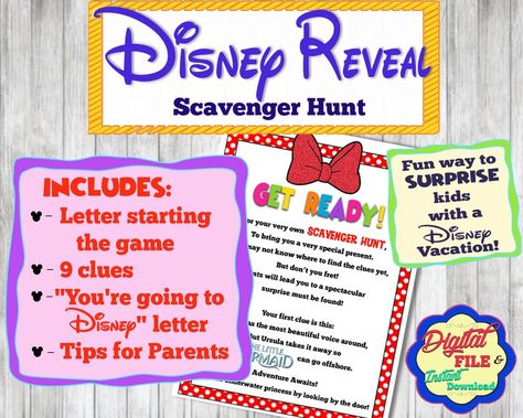 Disney Scavenger Hunt Vacation Reveal Treasure Hunt Clues | Etsy Disney Reveal Scavenger Hunt, Disney Scavenger Hunt, Disney Trip Reveal, Disney Treasure, Printable Scavenger Hunt, Disney Reveal, Disney Surprise, Disney Letters, Characters Disney