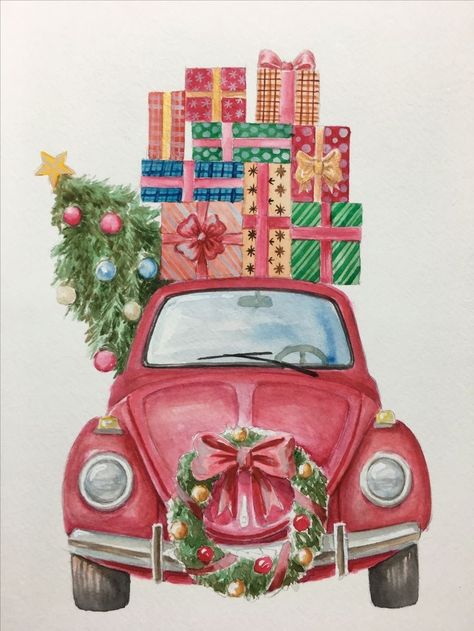 Car With Christmas Tree On Top Drawing, Christmas Car Drawing, Christmas Car Illustration, Christmas Beetle, Car Beetle, Ashley Thompson, Park In New York, Christmas Car, By The Lake