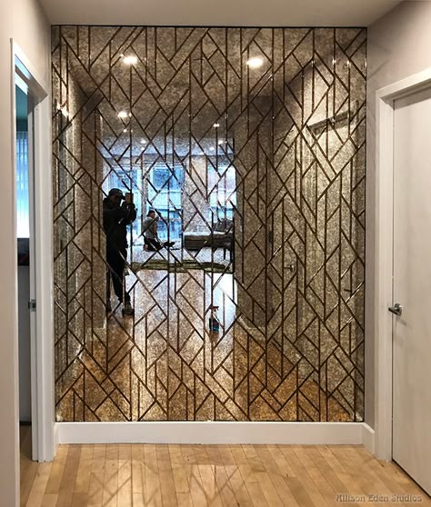 Mirror Panelling Wall, Bronze Mirror Panelling, Bevelled Mirror Wall, Art Studio Interior Design, Art Studio Interior, Mirror Panelling, Hall Decor Ideas, Mirror Panel Wall, Wall Cladding Interior