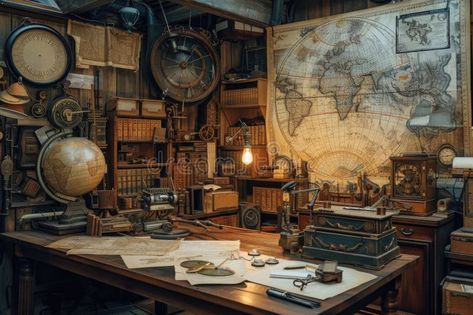 Vintage Explorer&#x27;s Study Room with Antique Map. Resplendent. stock image Vintage Explorer, Antique Map, Study Room, Compass, Stock Images, Map, Quick Saves