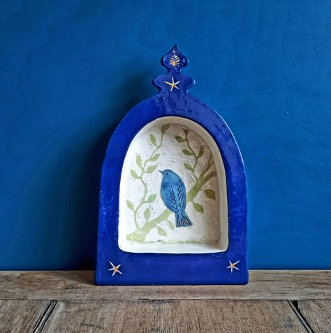 Ceramic Shrine Ideas, Ceramic Wall Shrine, Paper Mache Shelf, Ceramic Shrine, Clay Altar, Ceramic Snake, Ceramic Altar, Snake Sculpture, Wall Shrines