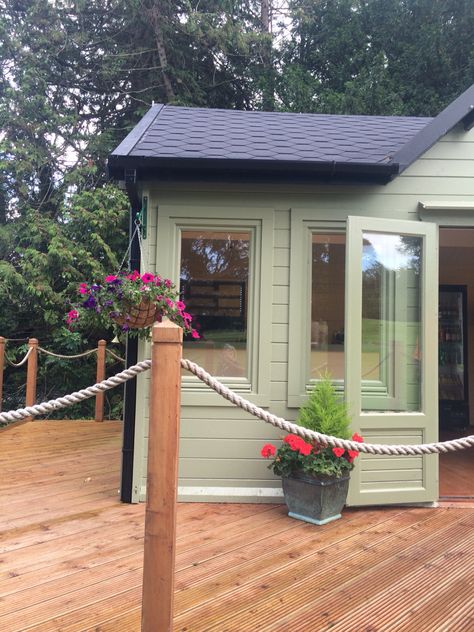 Sage Green Shed, Green Sheds Painted, Green Shed, Garden Cabin, Shed Landscaping, Decking Ideas, Garden Cabins, Shed To Tiny House, Garden Inspo