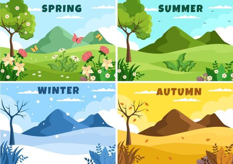 Summer And Winter Drawing, Summer Season Cartoon Images, 4 Seasons Landscape, Four Seasons Landscape, Four Season Illustration, Spring Summer Autumn Winter Art, 4 Season Illustration, 4 Seasons Illustration, Spring Vector Illustration