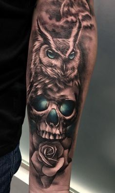 Owl On Skull Tattoo, Owl Tattoo With Skull, Skull Owl Tattoo Design, Black And Grey Owl Tattoo, Owl And Skull Tattoo, Owl Tattoo Men, Owl Skull Tattoos, Realistic Owl Tattoo, Skull Tattoo Flowers