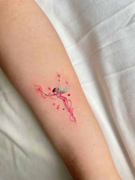 Pink Fairy Tattoo, Fantasia Fairy Tattoo, Pink Line Tattoo, Pink Dragon Tattoo, Pink Tattoo Aesthetic, Winx Club Tattoo, Pink Ink Tattoo, Pink Tattoo Ink, Small Fairy Tattoos