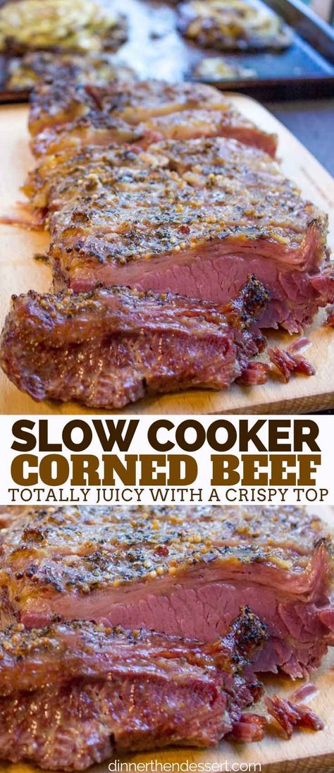 Crispy Slow Cooker Corned Beef with perfectly juicy slices of beef and crispy crust this is the only corned beef recipe you'll ever use! #slowcooker #crockpot #cornedbeef #stpatricksday #dinner #beef #sandwiches #dinnerthendessert Corned Beef Recipes Slow Cooker, Corned Beef Recipe, Slow Cooker Corned Beef, Cooking Corned Beef, Dinner Beef, Beef Sandwiches, Corned Beef Brisket, Corned Beef Recipes, Diner Recept