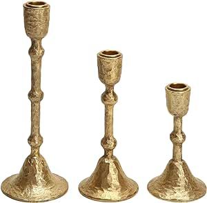 NIKKY HOME Gold Taper Candle Holders Set of 3, Vintage Decorative Resin Candlesticks Centerpieces Decor for Dining Room Table Wedding Party Mantle Fireplace Decor For Dining Room Table, Rose Gold Candle Holder, Gold Taper Candle Holders, Decor For Dining Room, Gold Taper Candles, Metal Candle Stand, Farmhouse Candle Holders, Mantle Fireplace, Hand Carved Candles