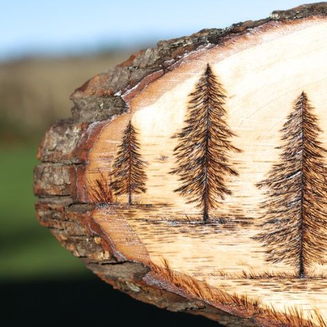 Tutorial: Wood Burning A Pine Tree Illustration | Green Artist Wood Burned Tree Design, Pine Tree Wood Burning, Wood Burning Trees And Mountains, Wood Burn Tree, How To Wood Burn Pine Trees, Wood Burning Pine Trees, Wood Burning Landscape, Wood Burning Tree Patterns, How To Wood Burn