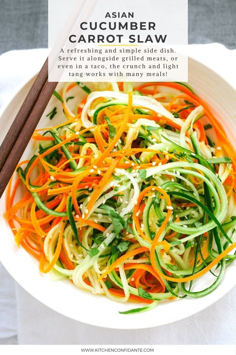 Asian Cucumber Carrot Slaw in a white bowl. Cucumber Carrot Salad, Asian Salad Recipe, Carrot Salad Recipes, Carrot Slaw, Grilled Meats, Slaw Recipes, Best Salad Recipes, Cucumber Recipes, Carrot Salad