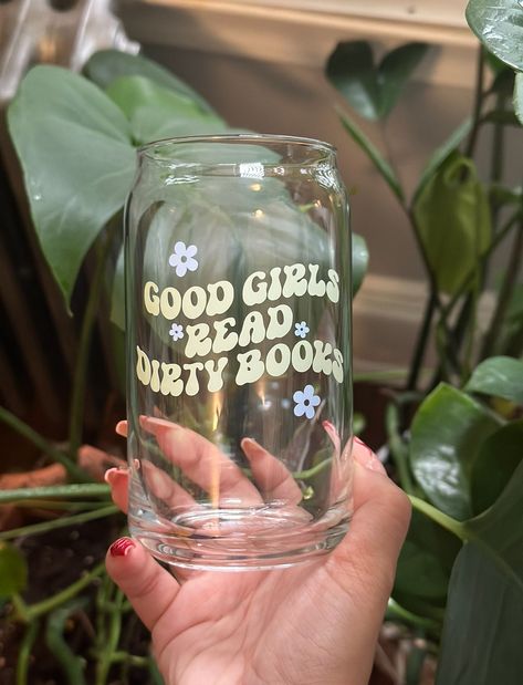 Bookish Cup | Iced Coffee Cup For Book Lovers | Good Girls Read Dirty Books |  Iced Coffee Glass | Glass Can | Cute Cup | Chic Cup Funny Glass Cups, Glass Cup Ideas, Glass Cups With Vinyl, Cups With Vinyl, Beer Glass Can, Aesthetic Glass, Pastel Mint Green, Coffee Glasses, Cute Coasters