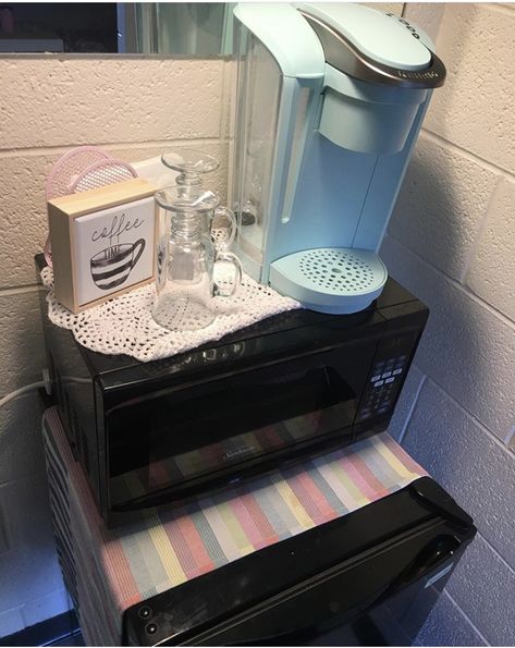 Classroom Fridge And Microwave, Mini Fridge Microwave Coffee Bar, Teacher Coffee Station In Classroom, Coffee Bar In Classroom, Classroom Fridge And Microwave Setup, Teacher Mini Fridge, Teacher Coffee Station, Classroom Coffee Station, Uchicago Dorm