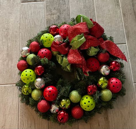 Pickleball Wreaths, Pickleball Wreath, Tennis Ball Ornament Diy, Pickleball Christmas Wreath, Pickleball Ornaments Diy, Pickle Ball Ornament, Pickleball Crafts, Pickle Balls, Pickleball Christmas Ornaments Diy