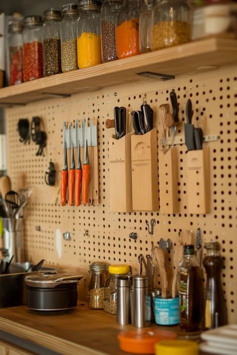 "Transform your kitchen with DIY Pegboard Organizers! 🛠️🍳 Ideal for adding style and functionality to your cooking space. 🌿✨ #DIYProjects #KitchenStorage #OrganizedLiving" Peg Board Coffee Bar, Kitchen Peg Board Ideas, Pegboard In Kitchen, Peg Board Kitchen, Kitchen Pegboard Ideas, Peg Board In Kitchen, Kitchen Pegboard, Peg Board Kitchen Wall, Peg Board Pots And Pans