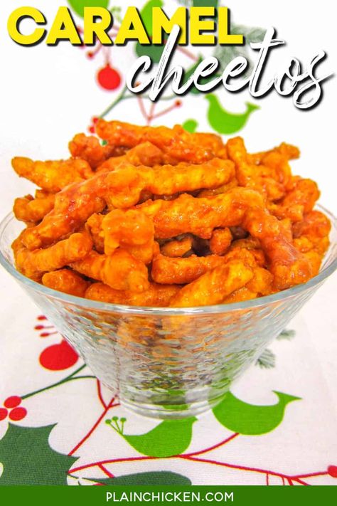 Candied Cheetos Recipe, Homemade Cheetos Recipes, Carmel Covered Cheetos, Caramel Cheetos Recipe, Hot Cheeto Popcorn, Caramel Cheetos, Cheeto Puff Carmel Corn, Caramel Coated Cheetos, Crunchy Cheetos