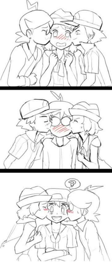 Ash x Serena x Clemont Pokemon Amourshipping, Pokemon Kalos, Pokemon Ash And Serena, Pokemon Ash, Nintendo Fan Art, Pokemon People, Pokemon Alola, Pokemon Pins, Pokemon Anime