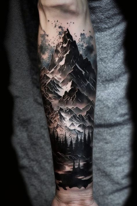 Tattoo Ideas For Outdoorsmen, Mountain Forest Tattoo, Mountain Sleeve Tattoo, Fnaf Tattoo, Forest Tattoo Sleeve, Forest Forearm Tattoo, Natur Tattoo Arm, Forearm Cover Up Tattoos, Tattoo Mafia