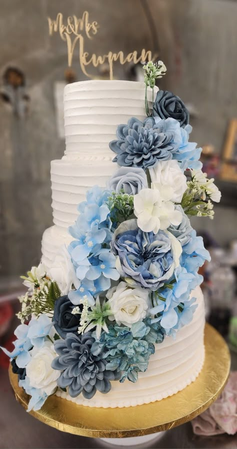 Shades of blue tier cake Shades Of Blue Cake, Blue And White Cake Design, Shades Of Blue Wedding Cake, Wedding Cake Blue, Wedding Cake 2 Tier Blue, Dusty Blue Wedding Cake, Wedding Cake Designs 2 Tier Blue, White Wedding Cake Blue Flowers, Blue Wedding Cake 3 Tier