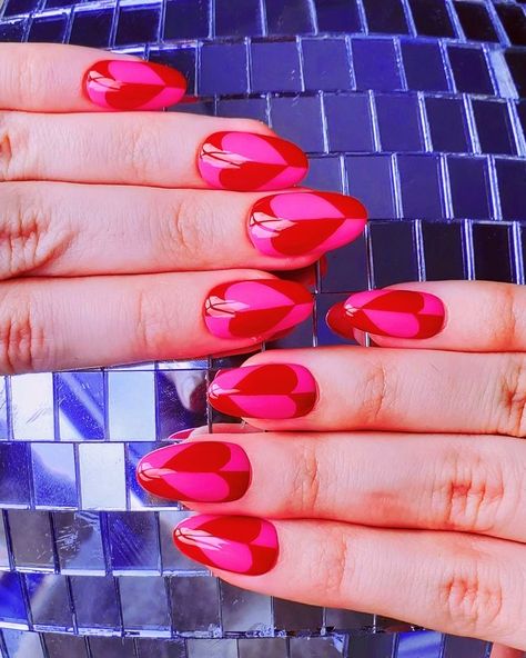 Heart Nails Pink And Red, Hot Pink Vday Nails, Red Hot Pink Nails, Red And Pink Nails Design, Red And Pink Manicure, Fun Hot Pink Nails, One Hand Red One Hand Pink Nails, Hot Pink Red Nails, Red And Hot Pink Nails