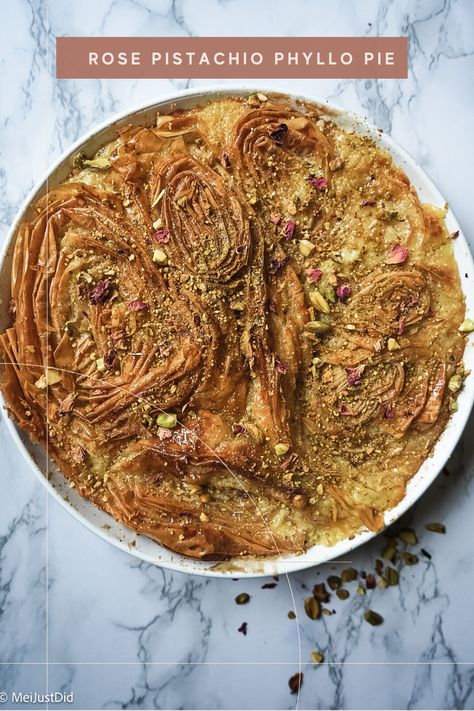 Photo of Rose and pistachio Phyllo Pie Phyllo Crinkle, Crinkle Pie, Rose Simple Syrup, Phyllo Pie, Middle Eastern Dessert, Rose Pistachio, Middle East Recipes, Middle Eastern Desserts, Sugar Dough