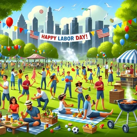 Premium Photo | A cartoon illustration of a happy day picnic with a city in the background Labor Photos, Labor Movement, First Monday, City Background, Forced Labor, Happy Labor Day, End Of Summer, Cartoon Illustration, A Cartoon