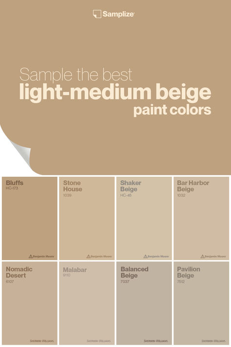 Sample the best light-medium beige paint colors with Samplize for your home painting projects! Gold Beige Paint Colors, Light Brown Paint Colors, Best Beige Paint Color, Light Brown Paint, Warm Beige Paint Colors, French Country Color Palette, French Country Colors, Cream Paint Colors, Brown Paint Colors