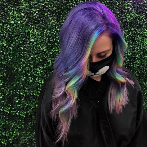 Peekaboo Rainbow Hair, Rainbow Money Piece, Rainbow Peekaboo, Money Piece Hair, Purple Balayage, Money Piece, Haircut And Color, Hair Inspo Color, Rainbow Hair