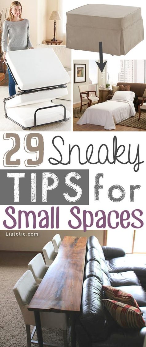 Small space organization and small space living ideas for the apartment, home, tiny home camper, loft, cottage, or rental. Clever ways to decorate a small space. Ideas for organizing a small space. Ideas for the bedroom, kitchen and bathroom. DIY Vertical hacks for small space solutions. Where to hang shelving to make the most of your small space living. See all the small storage solutions on Listotic Small Space Hacks, Diy Home Decor For Apartments, Small Space Organization, Small Space Storage, Small Space Diy, Kitchen On A Budget, Trendy Home, Decorating On A Budget, Small Space Living