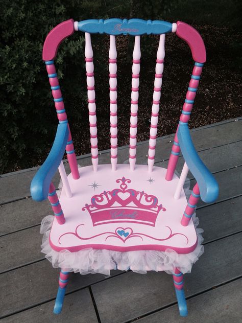 Custom ordered Princess tutu rocking chair for little girl! Painted in pinks and deep periwinkle. Personalized with girls name on seat. Painted Kids Chairs, Painted Rocking Chairs, Hand Painted Chairs, Kids Rocking Chair, Whimsical Painted Furniture, Childrens Rocking Chairs, Whimsical Furniture, Painted Chair, Rocking Chair Nursery