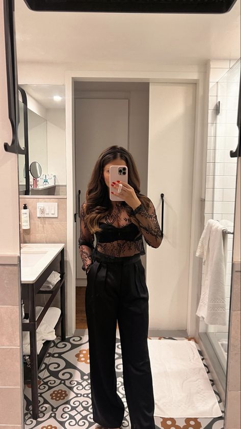 Free People Lace Layering Top, Lace Layering Top Outfit, Outfit Ideas Trousers, Sheer Lace Top Outfit, Fall Outfits Dinner, Layer Top Outfits, Dinner Date Outfit Ideas, Black Trouser Outfit, Sheer Top Outfit