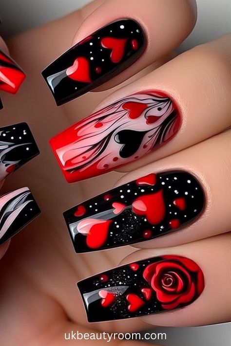 Tattoo Henna, Valentine Nail Art, Glittery Nails, Fancy Nails Designs, Black Nail, Nail Designs Spring, Fancy Nails, Nail Arts, Valentine's Day Nails