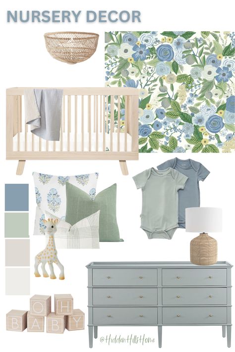 Blue and green baby girls nursery decor mood board with floral wallpaper and a wooden crib! Navy Blue And Sage Green Nursery, Dusty Blue And Sage Nursery, Pink Green And Blue Nursery, Steel Blue Nursery, Sage Green And Navy Nursery, Dusky Blue Nursery, Blue Green Master Room, Blue Nursery Dresser, Blue Green Playroom