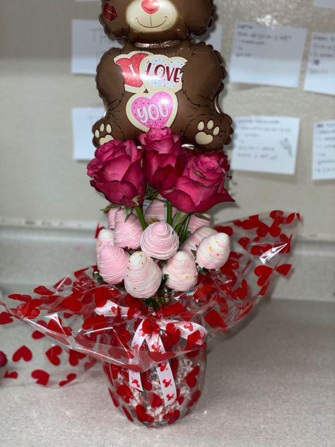 Valentines Day Strawberry Box Ideas, Breakable Heart For Him Valentines, Chocolate Covered Strawberry Teddy Bear, Vday Strawberries, Strawberry Rose Bouquet, Breakable Bear, Treat Box Ideas, Valentine’s Day Breakable Heart, Flower And Chocolate Strawberry Bouquets