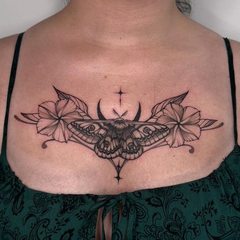 Nocturnal custom 🖤 moth + moon flowers + moon + stars ⭐️ I love the way we fit the moon into the moths pattern ~ done in 4 hours Lunar Moth And Moon Tattoo, Crescent Moon Moth Tattoo, Lunar Moths Tattoos, Moth And Moon Tattoo Design, Lunar Moth Tattoo Sternum, Moon Flower, Stars And Moon, Stars, Tattoos