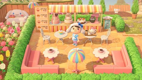 Animal Crossing Cinnamoroll Cafe, Animal Crossing Sanrio Cafe, Outdoor Bakery Acnh, Acnh Sanrio Cafe, Acnh Cinnamoroll Cafe, Acnh Cinnamoroll, Acnh Sanrio, Acnh Elegant, Animal Crossing Cafe