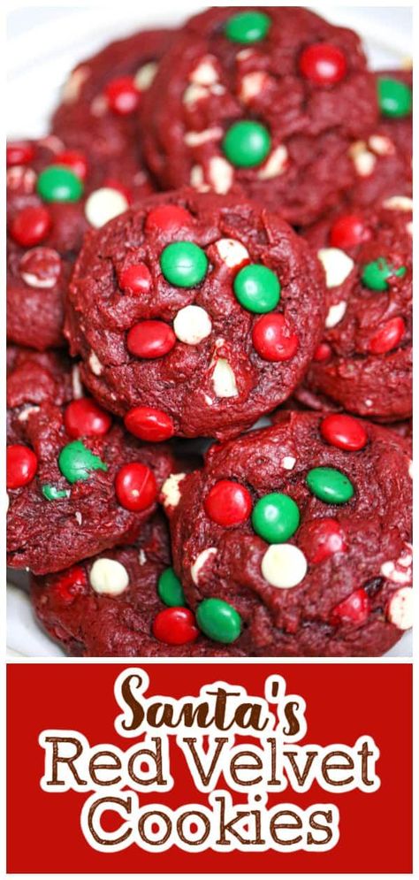 How festive and enchanting are these holiday Santa Red Velvet Cookies? Santa LIKES!! These red velvet cookies are rich in chocolate flavor and perfect for Christmas cookie exchanges and party fun! So easy to make! Literally you can make and bake these tasty cookies up in 20 minutes or less, using this cake mix shortcut! Red Velvet Cookie Bars, Velvet Cookies Recipe, Red Velvet Cookies Recipe, Red Velvet Cookie Recipe, Red Velvet Desserts, Red Velvet Christmas, Santa Cake, Tasty Cookies, Velvet Cookies