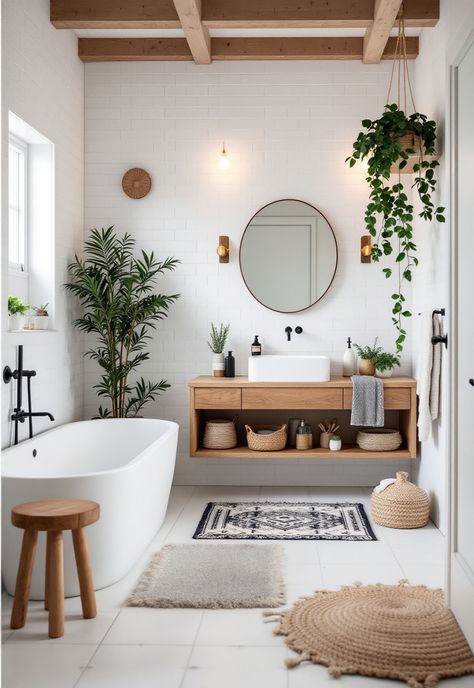 Scandi Boho Decor Guest Bathroom Scandinavian, Boohoo Bathroom Ideas, Coastal Minimalist Bathroom, Scandi Style Bathroom Ideas, Clean Boho Decor, Natural Minimalist Bathroom, Natural Decor Bathroom, Boho Scandinavian Bathroom, Scandi Boho Interior Design