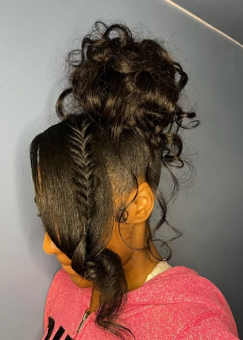 Curly Bun With Fishtail Braids For Black Hair Hairstyles Bun Black Women, Hair For Homecoming Up, Bun With Fishtail Braid, Bun With Butterfly Braid, Sew In Hairstyles Fishtail, Fish Tail Braid Hairstyle, Updo Fishtail Braid, Updo Bun With Braid, One Bun Hairstyles