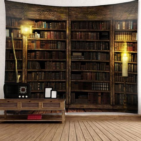 Bookcase Printed Waterproof Wall Hanging Art Tapestry - Magic Bookshelf, Retro Bookshelf, Tapestry Room, Library Bookshelves, Vintage Bookshelf, Cheap Apartment, Tapestry Bedroom, Bookshelf Styling, Vintage Library