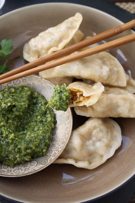 Tibetan Vegetable Momos with Coriander and Cashew Nut Pesto – Cook Eat Live Vegetarian Coriander Pesto, Tibetan Food, Momos Recipe, Nepali Food, Sandwich Wrap, Cashew Nut, Asian Dishes, Chopsticks, Cashew