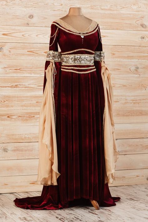 Arrived as the very beautiful image of color the quality also very nice 10 of 10 Red Viking Wedding Dress, Red And Gold Medieval Dress, Red Elf Dress, Middle Earth Fashion, Fantasy Wedding Guest Outfit, Fantasy Fashion Outfits, Elven Princess Dress, Red Fantasy Outfit, Fairytale Dress Medieval