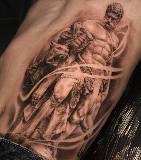 Hercules And Cerberus Tattoo, Hercules Statue Tattoo, Hercules Cerberus Tattoo, Heracles Tattoo, Hercules Tattoo Design, Hercules Tattoo Mythology, Greek God Tattoo Ideas, Hades And Cerberus Tattoo, Hades Tattoo Design