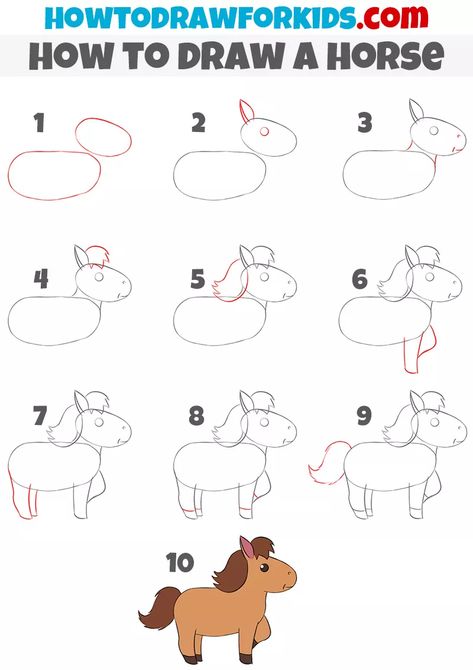 How to Draw a Horse - Easy Drawing Tutorial For kids Drawing A Horse Easy, Horse Step By Step Drawing, Horses Drawing Easy, How To Draw Horse, Horse Easy Drawing, How To Draw A Horse, Simple Horse Drawing, Easy Horse Drawing, Horse Doodle