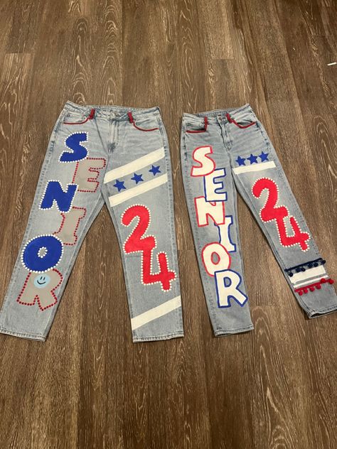 Senior Jeans Red White And Blue, Senior Homecoming Jeans, Hoco Jeans Painted, Senior Denim, Senior Jeans Ideas High Schools, Hoco Pants, Homecoming Jeans Ideas, Homecoming Jeans, Hoco Jeans