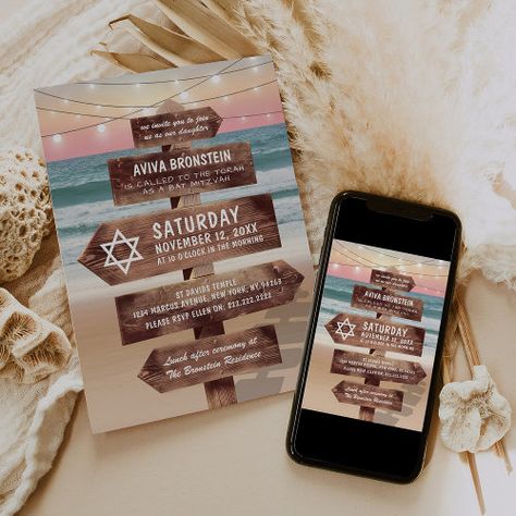 $2.80 | Beach Bat Mitzvah | Star of David #bat mitzvah, mitzvah, jewish, beach, ocean, star of david, modern, elegant, bar mitzvah, coast Bat Mitzvah Themes, Mitzvah Invitations, Pastel Beach, Bar Mitzvah Invitations, Bat Mitzvah Invitations, Summer Theme, Beach Chic, Twinkle Lights, Star Of David