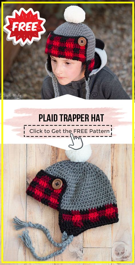 crochet Plaid Trapper Hat free pattern - FREE Crochet Hat Pattern for Beginners. Click to Get the Pattern #Hat  #crochetpattern #crochet   via @shareapattern.com Trapper Hat Crochet, Kids Crochet Hats Free Pattern, Crochet Hats For Babies, Crochet Hats Patterns, Trapper Hat Pattern, Free Crochet Hats, Crochet Buffalo, Crochet Headwear, Hats For Babies