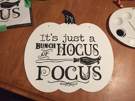 They put these pumpkins out at dollar tree. So of course I thought “omg I could make some wicked cute Halloween decor with that wooden pumpkin shape!” And BEHOLD! #hocuspocus #iputaspellonyou  I painted it solid white then created and printed out the design in photoshop then traced it over contact paper and painted it in. Hocus Pocus Pumpkin, Pumkin Decoration, Cute Halloween Decor, Design In Photoshop, Dollar Tree Pumpkins, Dollar Tree Halloween, Halloween Wood Crafts, Diy Halloween Wreath, Halloween Door Hangers