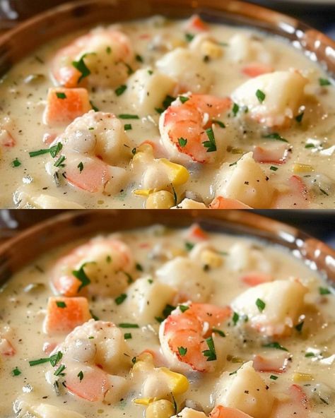 Thick Seafood Chowder Recipe, Dungeness Crab Chowder, Healthy Seafood Chowder Recipe, Best Fish Chowder Recipe, Coconut Shrimp Soup Recipes, Shrimp And Clam Chowder, Crab And Shrimp Chowder Recipes, New England Seafood Chowder, Seafood Stew Recipes Simple